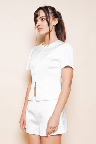 The Short Sleeve Structured Satin Top - Olive Street