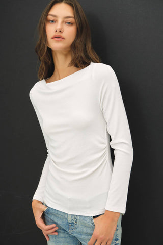 The Modal Ribbed Boat Neck Ruched Top in White