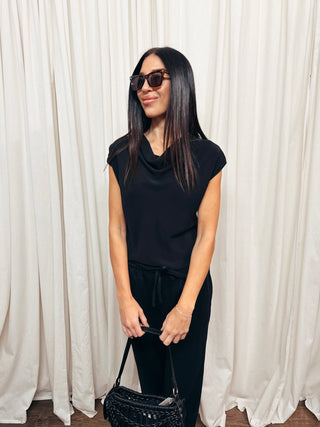 The Draped Cowl Neck Cap Sleeve Top in Black