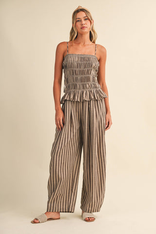 The Striped Ruffle Hem Plaid Top and Wide Leg Pant Set - Olive Street