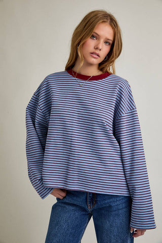 The Boxy Stripe Long Sleeve Tee in Blue