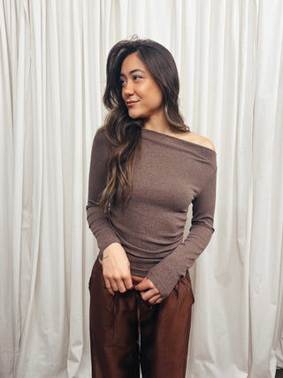 The Modal Ribbed Boat Neck Ruched Top in Brown