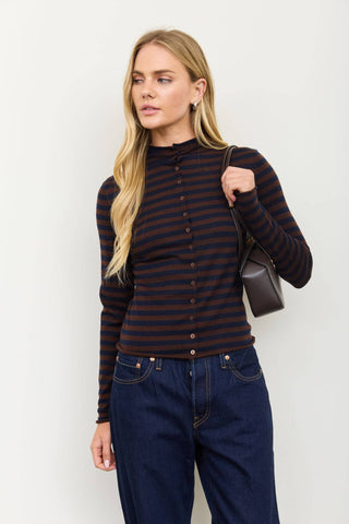 The Raw Edge Stripe Mock Neck Cardigan - Olive Street