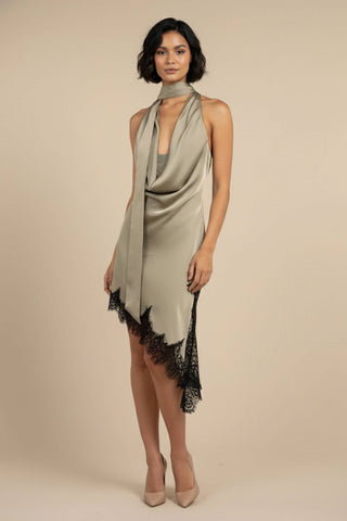 The Satin Lace Trim Scarf Dress Green / Medium The Satin Lace Trim Scarf Dress Green / Medium