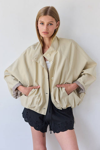Stand Collar Button Jacket - RJ1122: LT.BEIGE / S-M-L (3-2-1) - Olive Street