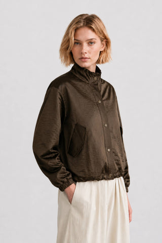 LIGHTWEIGHT SNAP-FRONT JACKET WITH HIGH COLLAR: Dark Brown / Contemporary / M/L - Olive Street