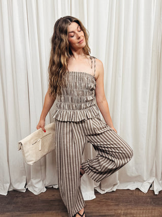 The Striped Ruffled Hem Wide Leg Jumpsuit - Olive Street