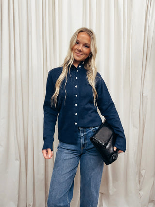 The Stand Collar Plush Cardigan in Navy