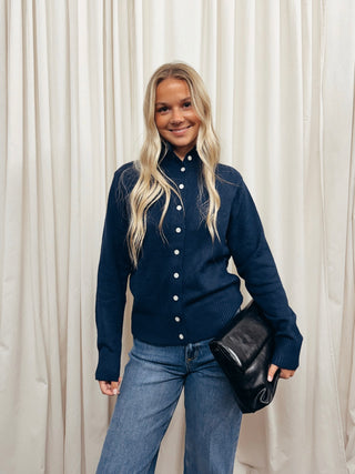 The Stand Collar Plush Cardigan in Navy