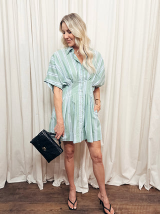 The Lorine Stripe Poplin Mini Shirt Dress - Olive Street