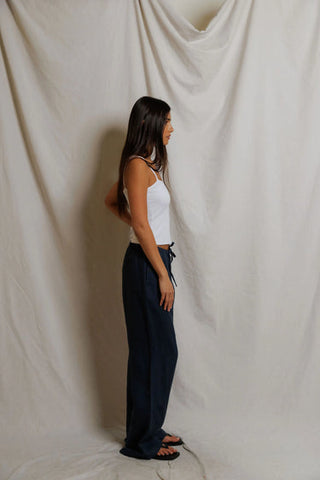 The Lorana Linen Drawstring Pant in Navy - Olive Street