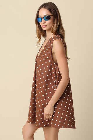 The Rain Polka Dot Swing Mini Dress in Brown - Olive Street