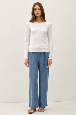 The Lace Trim Ribbed Long Sleeve in White - Olive Street