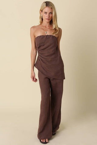 The Rita Wide-Leg Linen Pants in Brown - Olive Street
