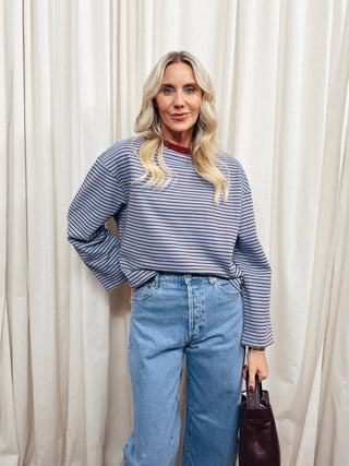 The Boxy Stripe Long Sleeve Tee in Blue
