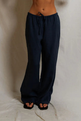 The Lorana Linen Drawstring Pant in Navy - Olive Street