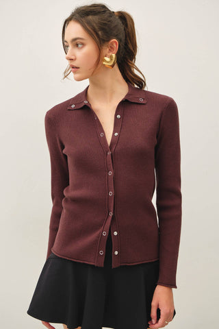 The Snap Button Ribbed Cardigan in Brown