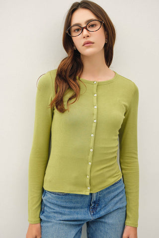 The Button Up Ribbed Jersey Top in Matcha - Olive Street