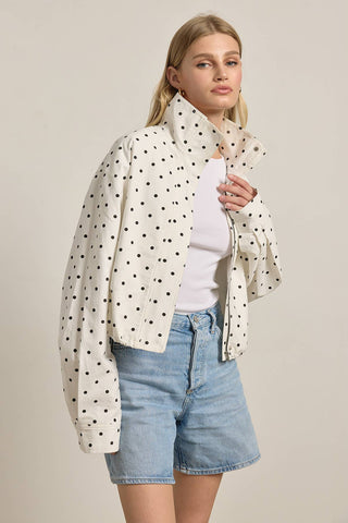 The High Neck Drawstring Pullover Jacket in White Dot - Olive Street