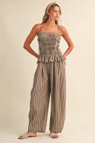 The Striped Ruffle Hem Plaid Top and Wide Leg Pant Set - Olive Street