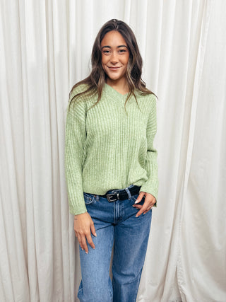 The Ribbed Knit V Neck Sweater - Olive Street