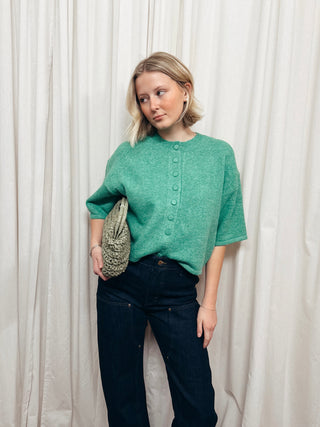 The Short Sleeve Button Cardigan in Green - Olive Street