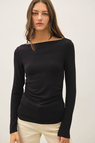 The Modal Ribbed Boat Neck Ruched Top in Black