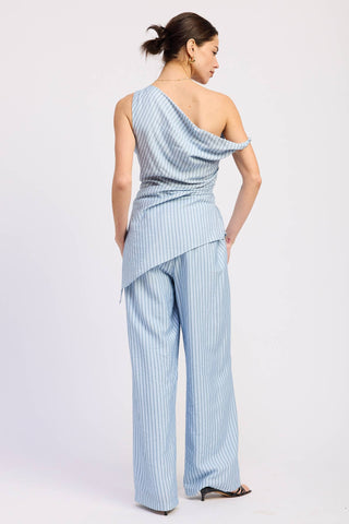 WIDE LEG PINSTRIPE PANTS: BLUE STRIPE / Contemporary / S - Olive Street