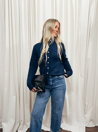 The Stand Collar Plush Cardigan in Navy