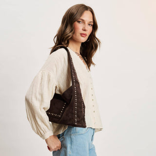 The Dahlia Faux Suede Studded Hobo in Chocolate