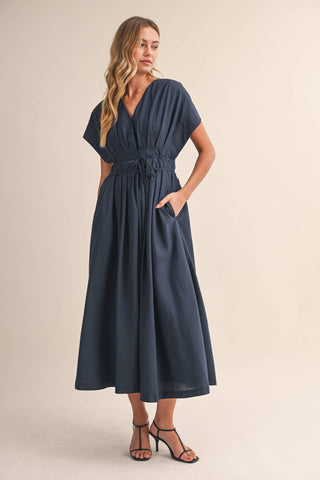 The Poplin Pleated Detail Belted Maxi Dress - Olive Street
