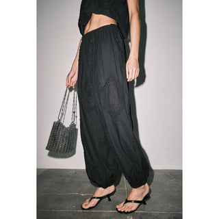 The Cotton Eyelet Embroidered Balloon Pant in Black