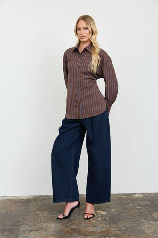 The Stripe Lace Up Shirt in Brown - Olive Street