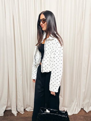 The High Neck Drawstring Pullover Jacket in White Dot