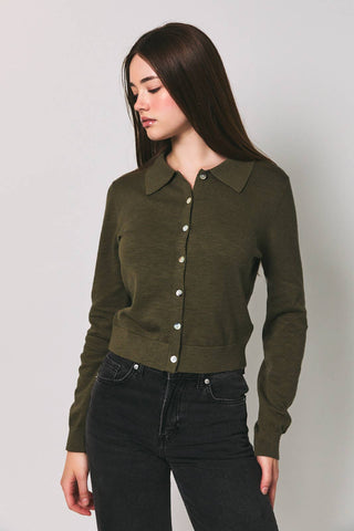 COLLARED BUTTON DOWN SWEATER CARDIGAN: OLIVE / L - Olive Street