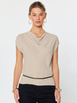 The Draped Cowl Neck Cap Sleeve Top in Taupe - Olive Street