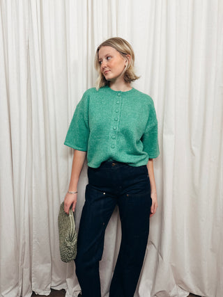 The Short Sleeve Button Cardigan in Green - Olive Street