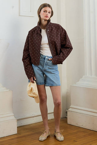 The High Neck Drawstring Pullover Jacket in Brown Dot - Olive Street