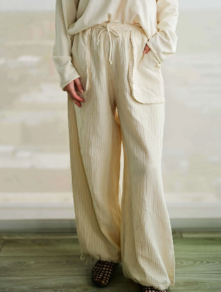 The Ginny Double Weave Stripe Gauze Pull On Pant - Olive Street