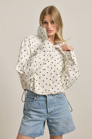 The High Neck Drawstring Pullover Jacket in White Dot - Olive Street