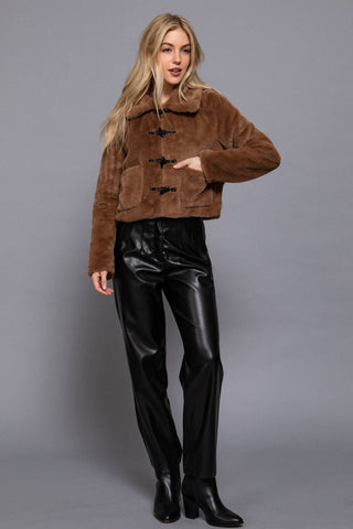 The Faux Fur Toggle Button Jacket in Brown