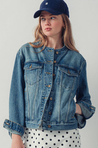 The Collarless Demin Chore Jacket - Olive Street