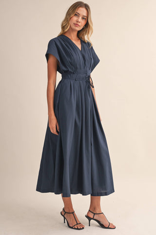 The Poplin Pleated Detail Belted Maxi Dress - Olive Street