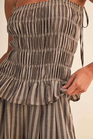 The Striped Ruffle Hem Plaid Top and Wide Leg Pant Set - Olive Street