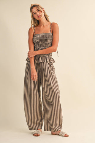 The Striped Ruffle Hem Plaid Top and Wide Leg Pant Set - Olive Street