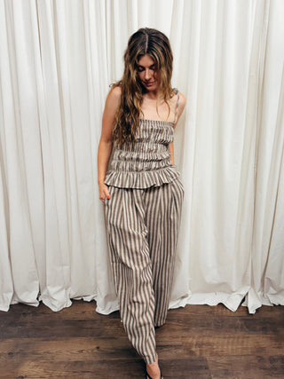 The Striped Ruffled Hem Wide Leg Jumpsuit - Olive Street