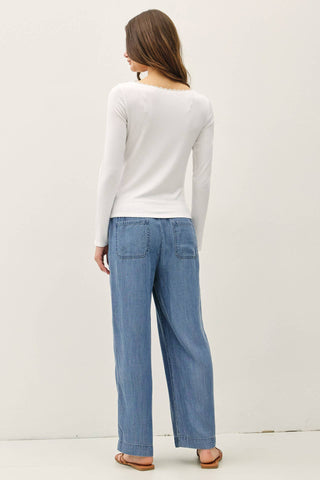 The Lace Trim Ribbed Long Sleeve in White - Olive Street