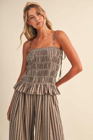 The Striped Ruffle Hem Plaid Top and Wide Leg Pant Set - Olive Street