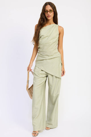 WIDE LEG PINSTRIPE PANTS: SAGE STRIPE / Contemporary / S - Olive Street