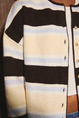 LONG SLEEVE ROUND NECK STRIPED SOFT CARDIGAN: BROWN-MULTI STRIPE / L - Olive Street
